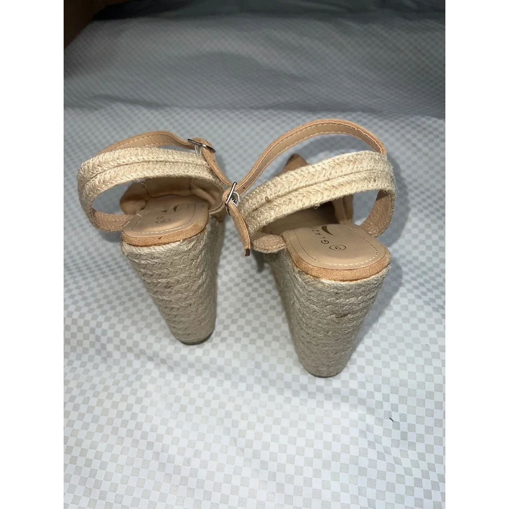 Glaze Tan Faux Suede Espadrille Wedge Sandals Bow Knot Ankle Strap‎ Size 9